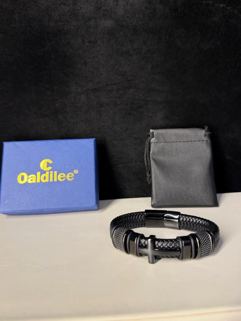 NIB Oaldilee Men's Braided Leather Joshua 1:9 Cross Bracelet